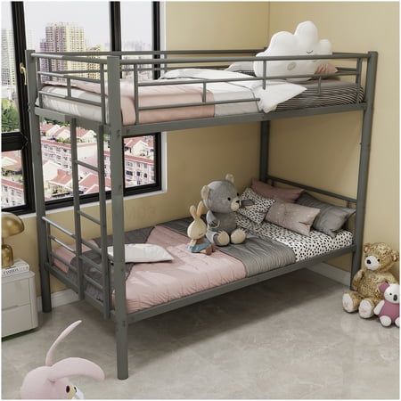 CHAMPFLAG Convertible Twin Bunk Bed with Ladder, Metal Frame Space Saver, 2 Separate Beds, Silver
