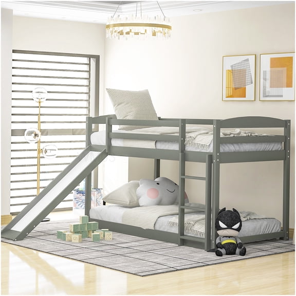 CHAMPFLAG Convertible Twin Bunk Bed with Slide, Space-Saving Wood Frame with Ladder, Gray Playful Design for Compact Living