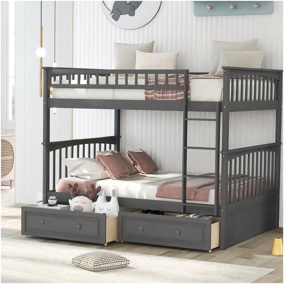 CHAMPFLAG Convertible Twin Bunk Bed with Storage, Gray Solid Wood Bunkbed Frame, 2 in 1 Design for Space Efficiency