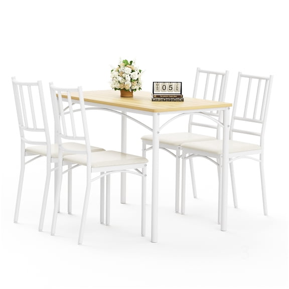 CHAMPFLAG Counter Height Dining Table Set, 4-Person Industrial Kitchen Table with Benches, Natural White Finish for Breakfast Nook, Apartment, Small Space