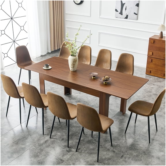 CHAMPFLAG Drop Leaf Dining Table Expandable to 2 Leaves, Walnut Wood Grain Finish MDF Top, Sturdy Kitchen & Dining Room Table for Everyday Use