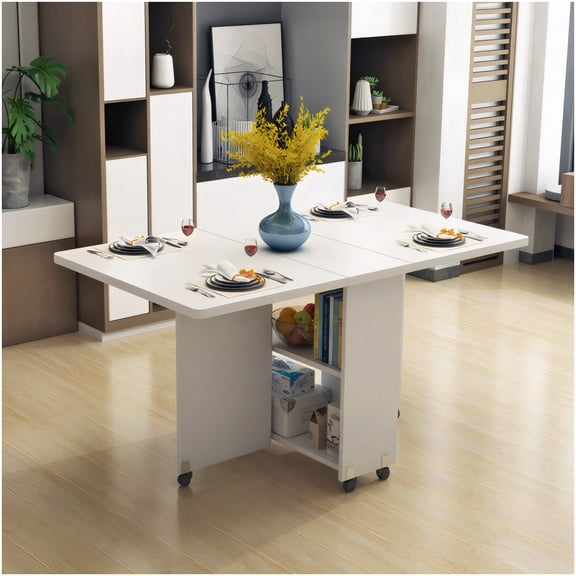 CHAMPFLAG Drop Leaf Folding Table on Casters, White Kitchen Dining Table with Storage Shelves, Convertible Desk and Console for Apartments and Small Spaces