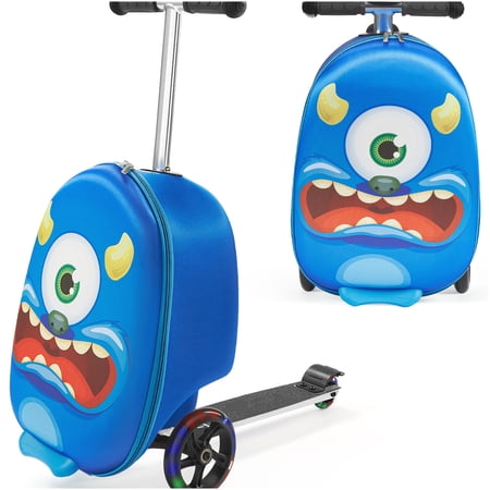 CHAMPFLAG EVA Hard Shell Ride On Suitcase, 20 Inch Blue LED Wheel Scooter Luggage with Telescoping Handle
