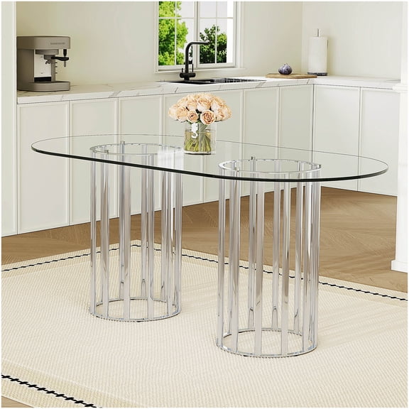 CHAMPFLAG Elliptical Glass Dining Table, Silver Frame Tempered Top for Contemporary Dining Room