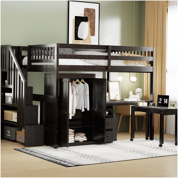 CHAMPFLAG Espresso Multifunctional Loft Bed with Built-In Desk, Wardrobe and Stairs | Space Efficient Furniture with Storage