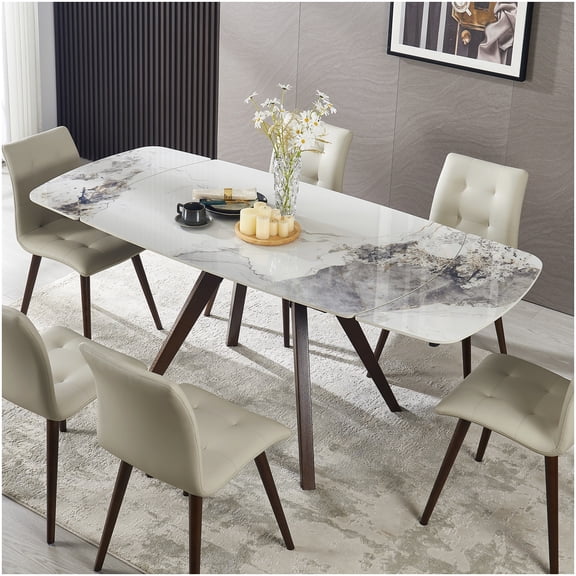 CHAMPFLAG Expandable Dining Table for 8, Oval Sintered Stone Top with Solid Wood Base, Heat & Scratch Resistant for Kitchen and Dining Room