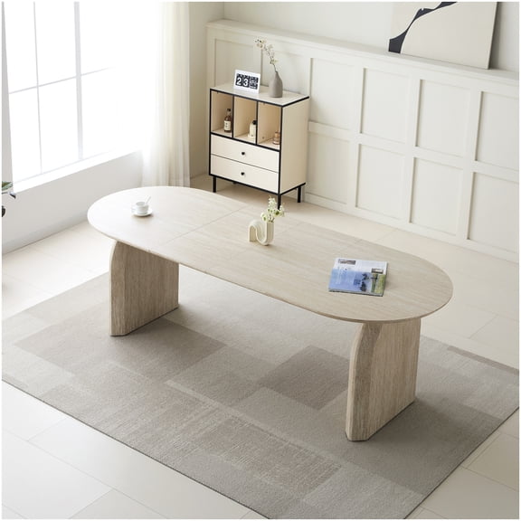CHAMPFLAG Expandable Oval Dining Table for 8, Off White Modern Kitchen Table with Geometric Legs, Space Efficient MDF Extendable Table for Home Dining and Office