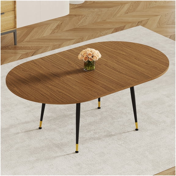 CHAMPFLAG Expandable Oval Dining Table, Walnut MDF Top with Black Metal Legs, Extendable Kitchen Table Seats 6-10, Modern Furniture for Dining Room