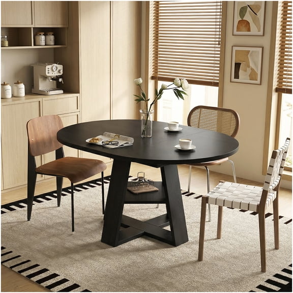 CHAMPFLAG Expandable Round Dining Table with Removable Leaves, Black Kitchen Table for Small Spaces, 4 to 8 Person Oval Table with Storage Base