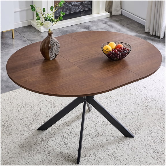 CHAMPFLAG Expandable Round Kitchen Table for Small Spaces, 4-6 Person Dining Table with Walnut Top and Black Metal Legs, Convertible Design