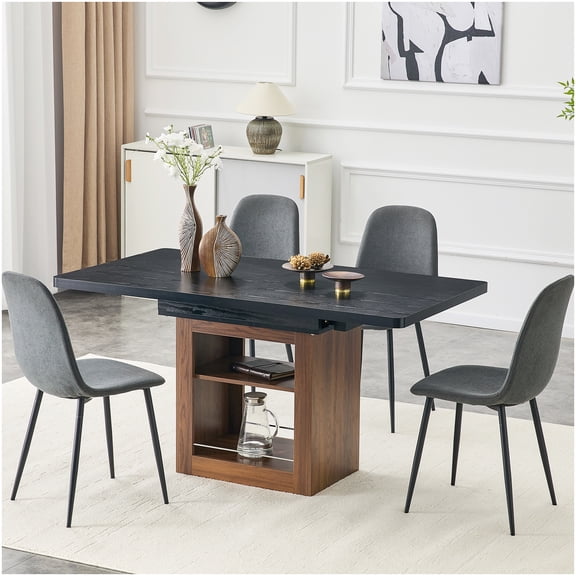 CHAMPFLAG Extendable Dining Table and Chair Set for 4-8 People, Dark Grey Fabric Chairs, Walnut Black Expandable Table, Modern Kitchen Dining Room Set