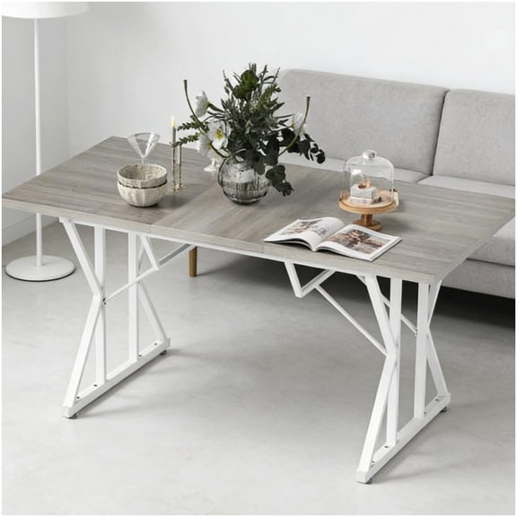 CHAMPFLAG Extendable Dining Table for Small Spaces, 47 to 63 Inch Expandable Table with Metal Legs, Rustic Gray Wood Grain Top, Kitchen & Conference Table