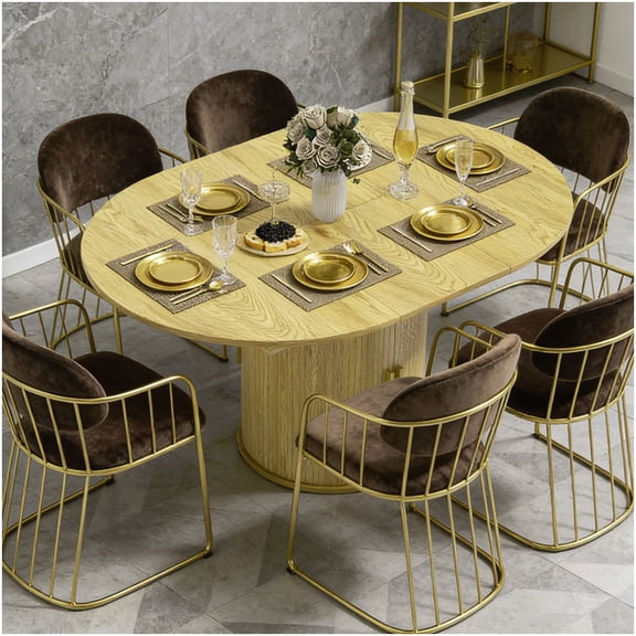 CHAMPFLAG Extendable Dining Table with Hidden Storage, Round to Oval Kitchen Table, Natural Wood MDF