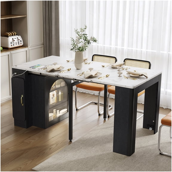 CHAMPFLAG Extendable Kitchen Table with Outlet, Mobile Island on Wheels with LED Lights and Storage Cabinet, Expandable Dining Table in Black Marble White
