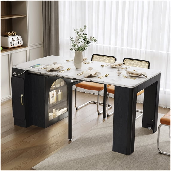 CHAMPFLAG Extendable Kitchen Table with Outlet, Mobile Island on Wheels with LED Lights and Storage Cabinet, Expandable Dining Table in Black Marble White