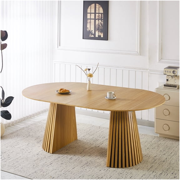 CHAMPFLAG Extendable Pedestal Dining Table, Large Modern Table for 6-10 Persons with Metal Base, Oak Color