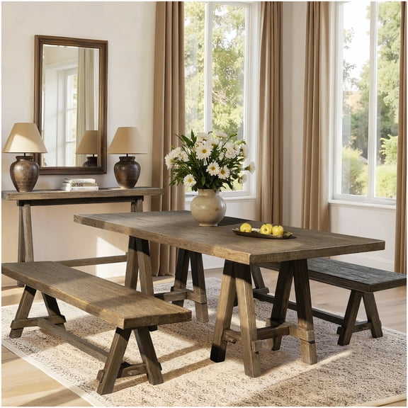 CHAMPFLAG Farmhouse Dining Bench 72 Inch Long, Solid Reclaimed Wood, Trestle Base, Entryway Bench for Hallway