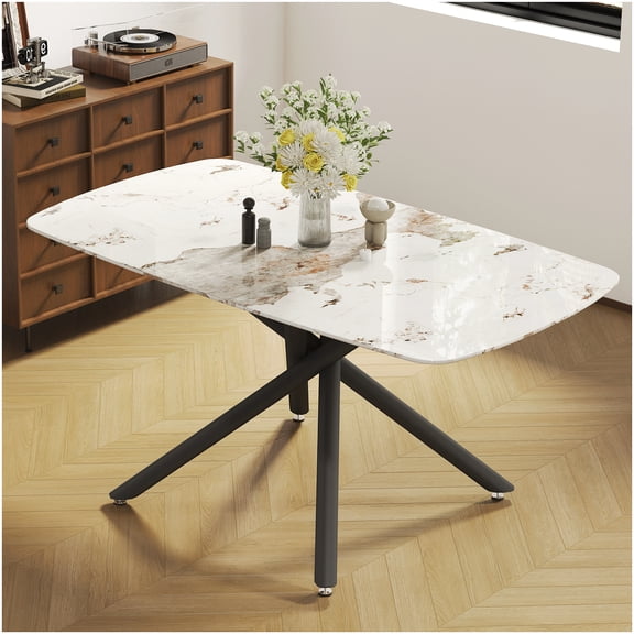 CHAMPFLAG Fork Leg Dining Table, White Marble Tempered Glass Top and Black Metal Frame, Modern Kitchen Table