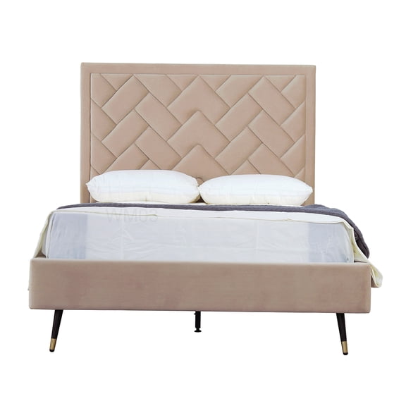 CHAMPFLAG Full Bed Frame with Velvet Upholstery and Headboard, Mid-Century Modern Style, Easy Assembly