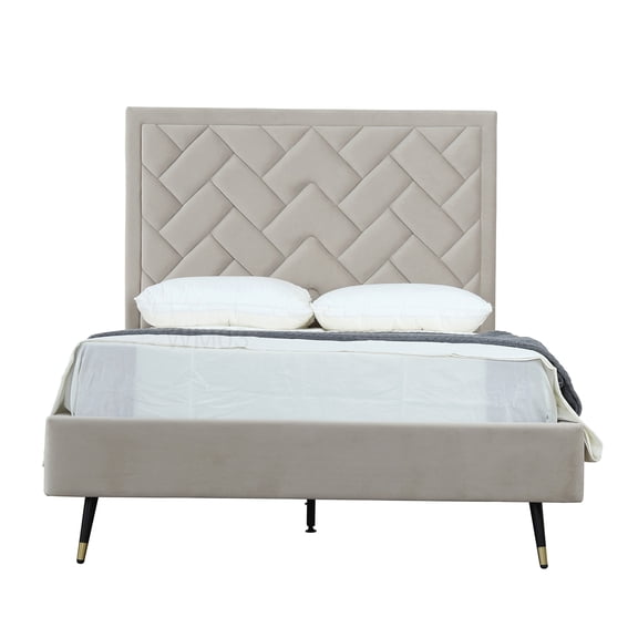 CHAMPFLAG Full Size Bed Frame with Velvet Headboard, Mid-Century Modern Platform Bed, No Box Spring, Greige