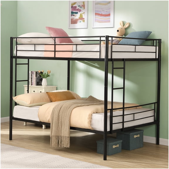 CHAMPFLAG Full Size Bunk Bed Frame with Stairs, Steel Metal Construction, No Box Spring Required, Quiet & Sturdy, Easy Assembly, Black