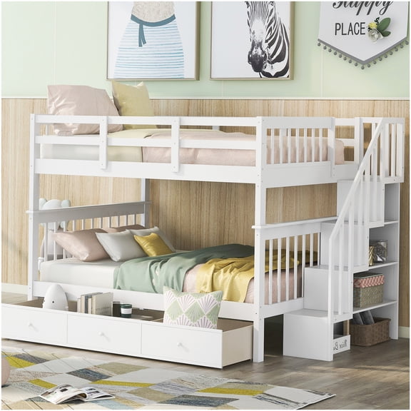 CHAMPFLAG Full Size Bunk Bed with Stairs, Storage Drawer Staircase & Guardrail, Durable Solid Wood Frame, Convertible Twin Bunks for Home or Apartment