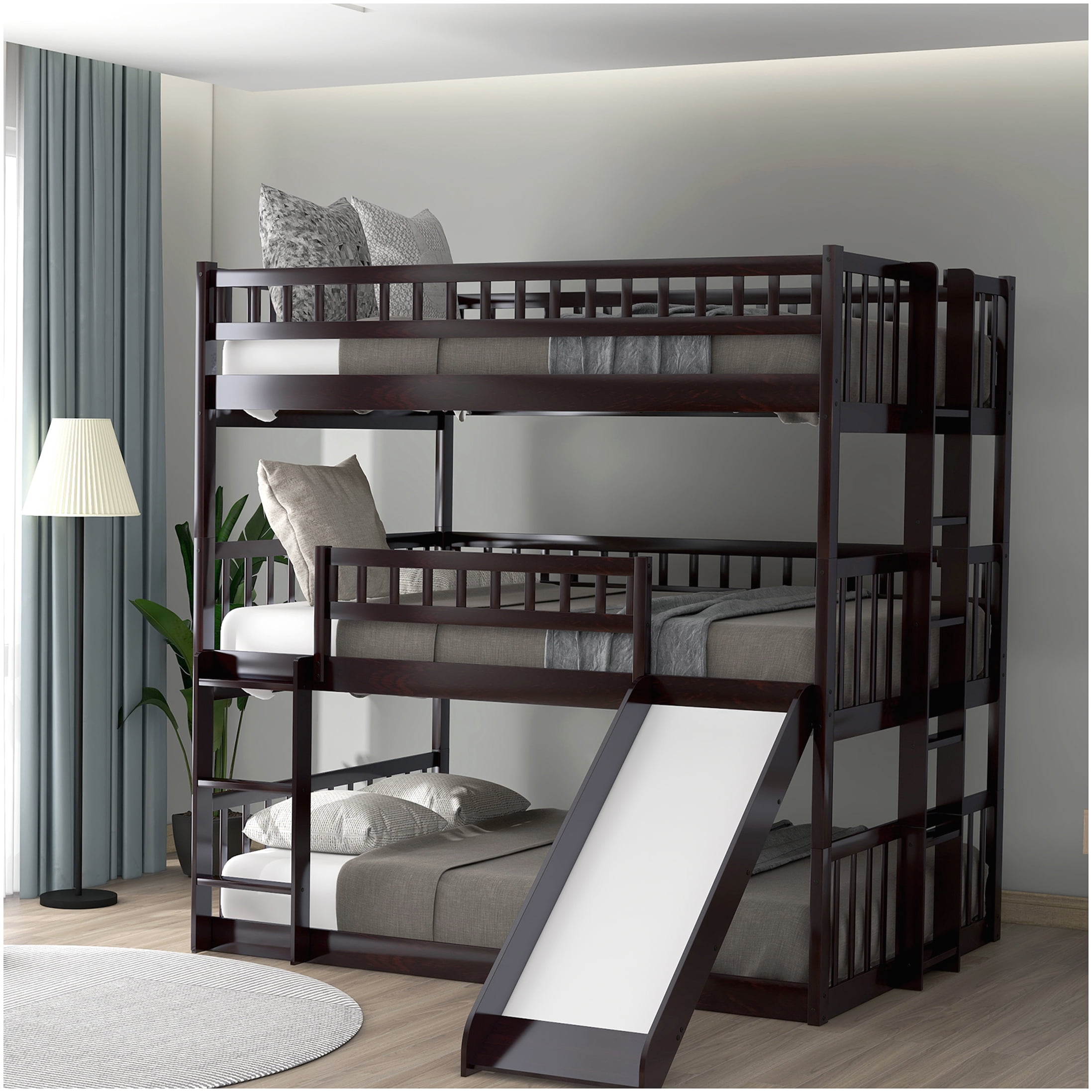 CHAMPFLAG Full Size Triple Bunk Bed with Slide, 3 Tier Bunk Bed with