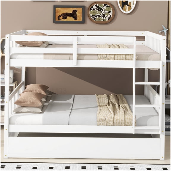 CHAMPFLAG Full Size Triple Bunk Bed with Trundle, Convertible 3-in-1 Wood Bed Frame with Guardrails, Space Efficient Design for Home