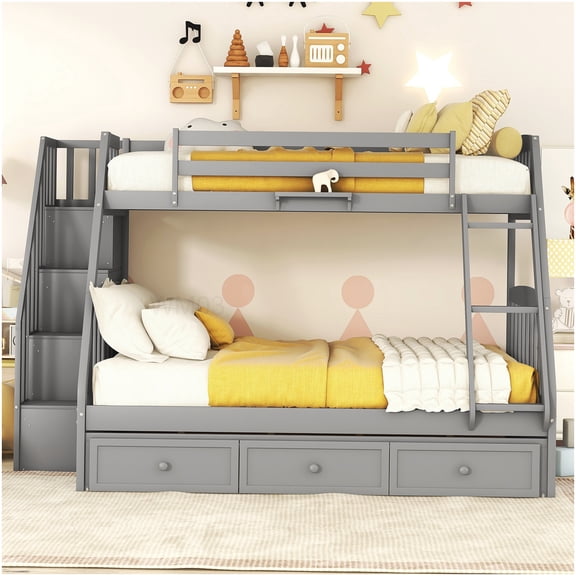 CHAMPFLAG Full and Twin Bunk Bed with Staircase Drawers, Space Efficient Bunkbed with Bookcase, Guard Rails, Solid Pine Wood, No Box Spring Needed, Gray Finish