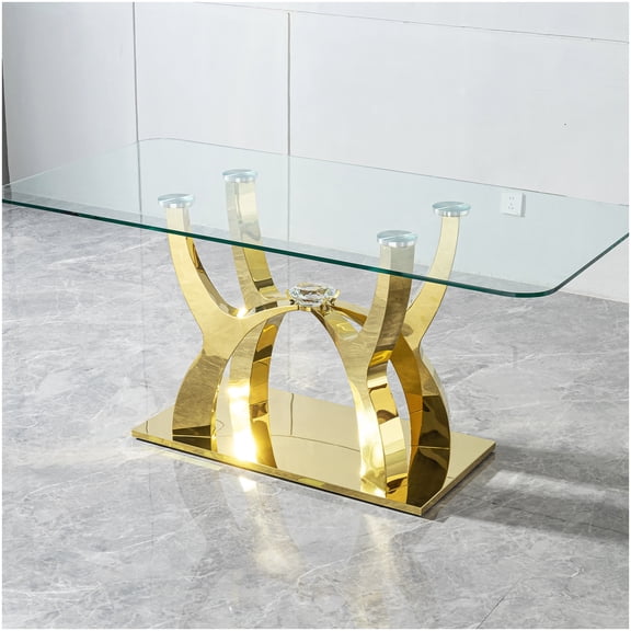 CHAMPFLAG Gold Base Glass Dining Table for 6, 68.9 Inch Contemporary Table with Crystal Decor, Sturdy Tempered Top