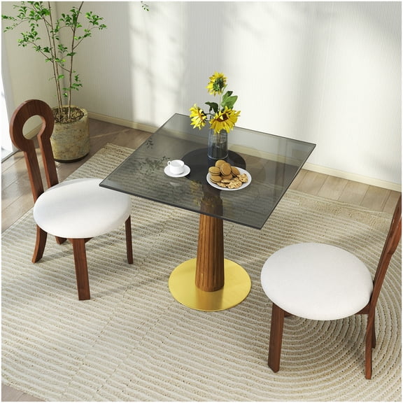 CHAMPFLAG Gold Base Square Table with Tempered Glass Top, Modern 2-Seater Dining Table for Kitchen Nook, Small Space Wood Leg Table, Durable and Easy to Clean
