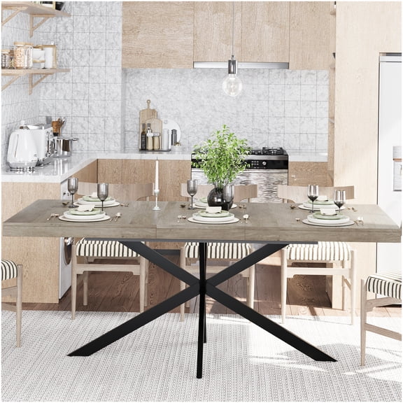 CHAMPFLAG Gray Expandable Dining Table with Storage Box, Retro Stretch Table for Casual Dining & Entertaining