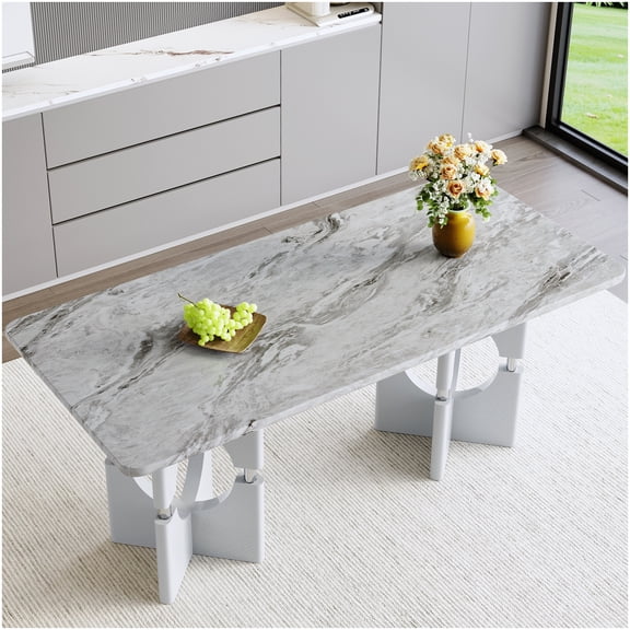 CHAMPFLAG Gray Marble Effect Dining Table, Hollow Leg Design with Metal Trim, Compact Kitchen Table for Apartments and Small Homes