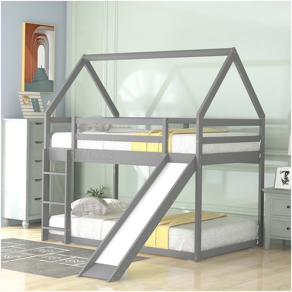 CHAMPFLAG Gray Pine Wood Twin Bunk Bed with Slide, Loft Bed with Ladder and Safety Rails for Fun and Comfort