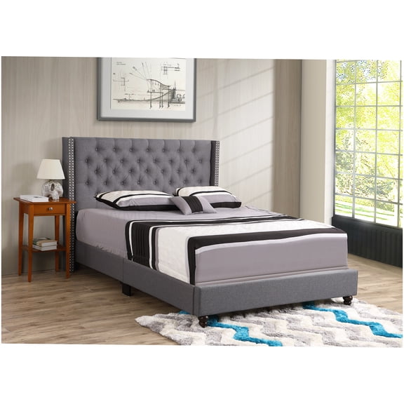 CHAMPFLAG Gray Queen Size Platform Bed Frame with Upholstered Headboard, Foam Padding, Under Bed Storage