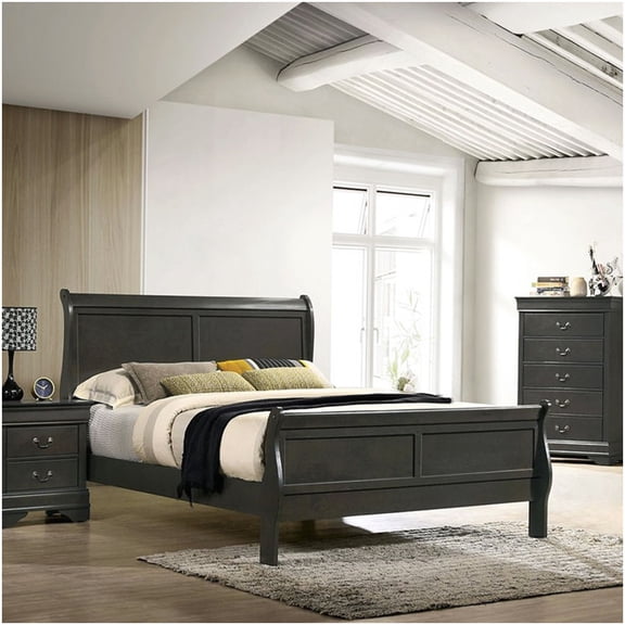 CHAMPFLAG Gray Solid Wood Platform Bed Frame, Full Sleigh Bed with Slat Support and Bracket Feet for Master Bedroom