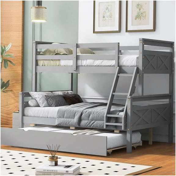 CHAMPFLAG Gray Triple Bunk Bed with Trundle, Twin over Full Wood Frame with Guard Rails and Ladder