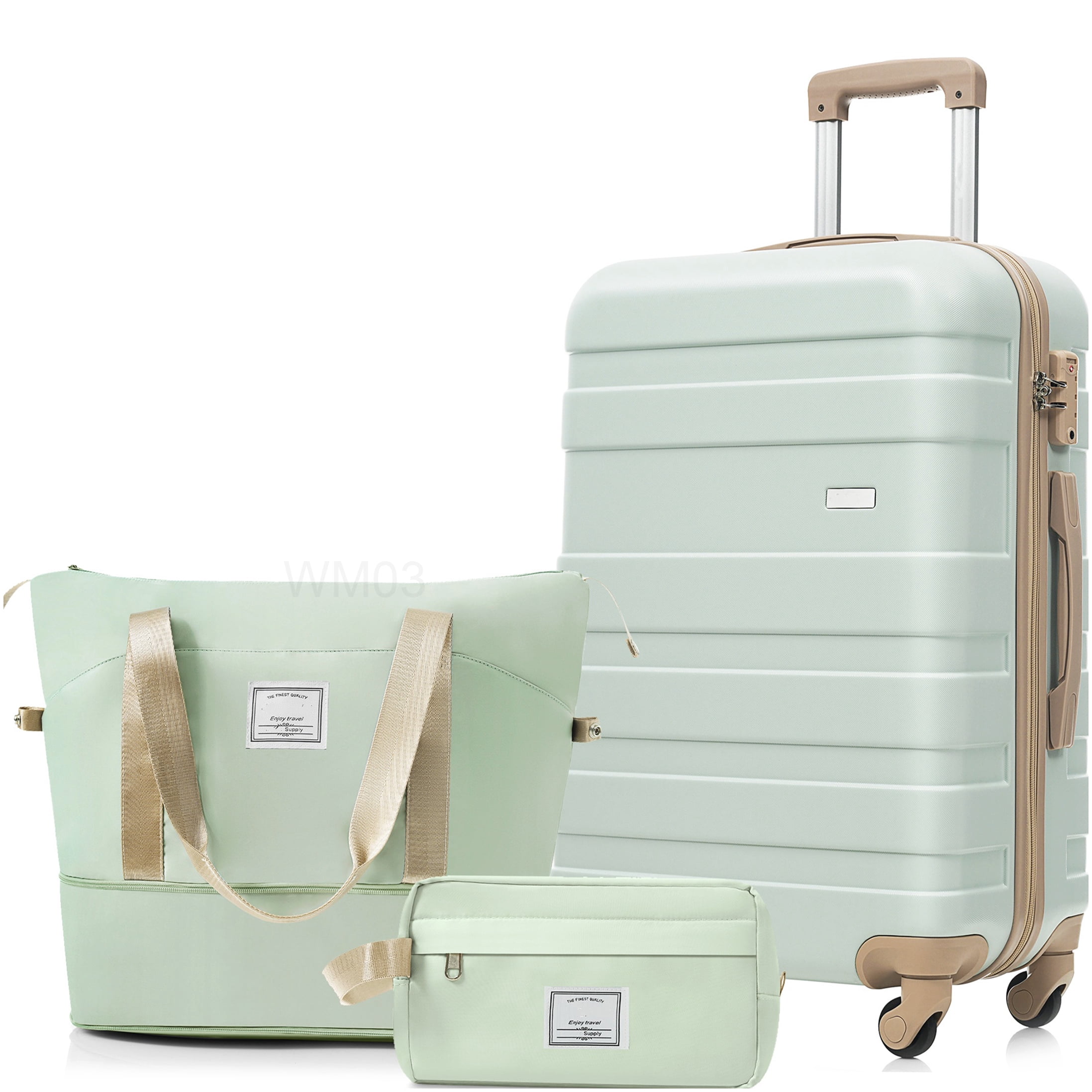 CHAMPFLAG Green 24 Inch Checked Luggage 3-Piece Set with Spinner Wheels, TSA Lock, and Wet-Dry Toiletry Organizer