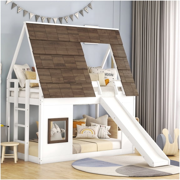 CHAMPFLAG House Style Bunk Bed with Slide, Twin Size Loft Bed with Ladder for Space Saving, White Brown Finish