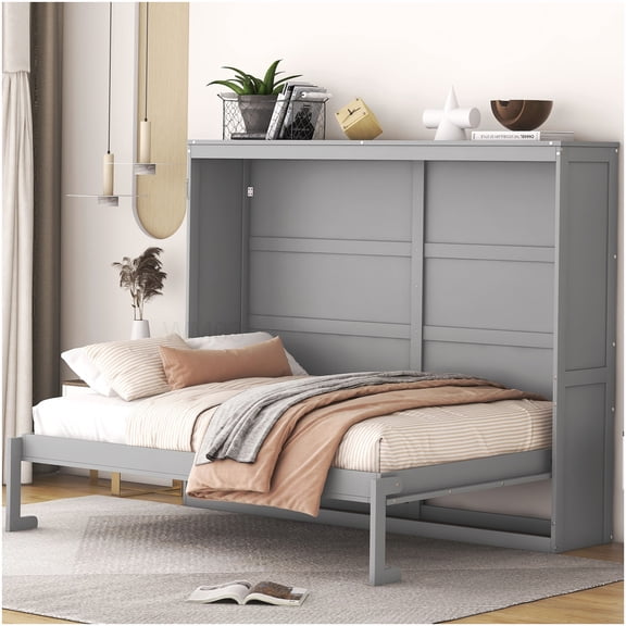 CHAMPFLAG Hydraulic Wall Bed Cabinet, Gray Space Saving Foldable Bed with Storage Look
