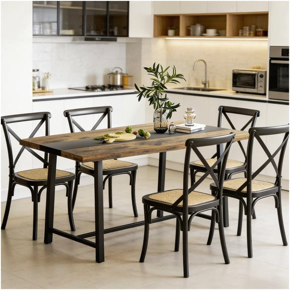 CHAMPFLAG Industrial Dining Table Long 70.9 Inch, Rustic Brown Kitchen Table with Black Metal Legs, Heavy Duty MDF Top for Dining Room & Home Office