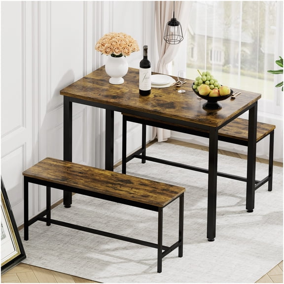 CHAMPFLAG Industrial Style Dining Table Set, Brown Wood Grain Table and 2 Benches, Counter Height Kitchen Set for Breakfast Nook, Apartment
