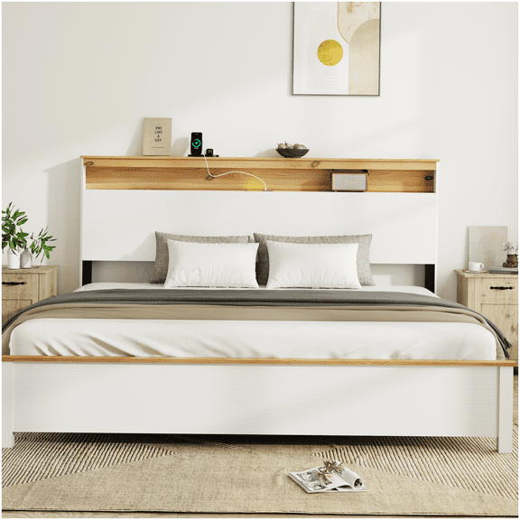 CHAMPFLAG King Size Platform Bed Frame with LED Headboard, USB Ports, and Storage in Antique White