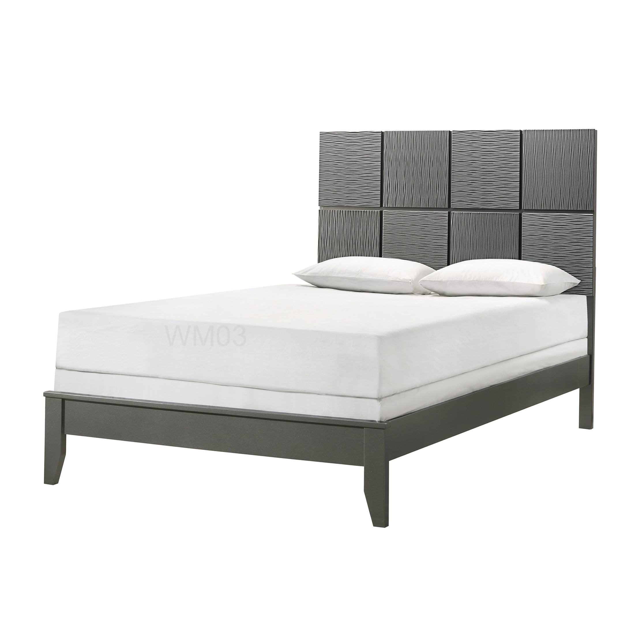 CHAMPFLAG King Size Platform Bed Frame with Upholstered Geometric Headboard, Modern Gray Wood Bed, Underbed Clearance