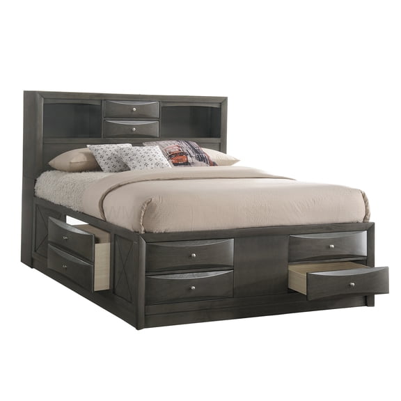 CHAMPFLAG King Size Platform Bed with 9 Storage Drawers and Bookcase Headboard, Gray Wood Bed Frame