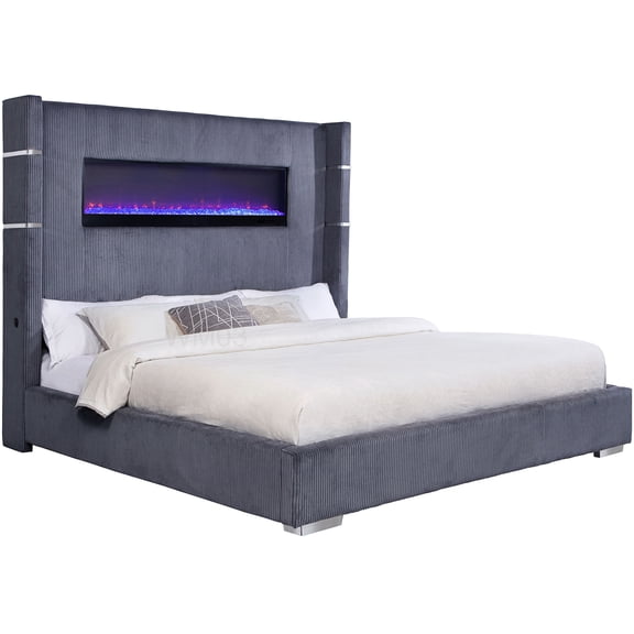 CHAMPFLAG King Size Platform Bed with RGB LED Flame Effect, Remote, Storage Base & Wingback Headboard