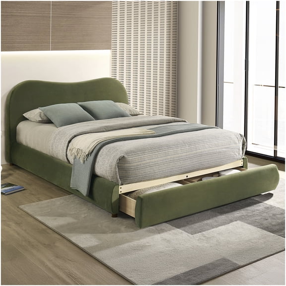 CHAMPFLAG King Size Storage Bed Frame with Velvet Headboard, Olive Green Upholstered Platform Bed with Footboard Drawer, No Box Spring Needed