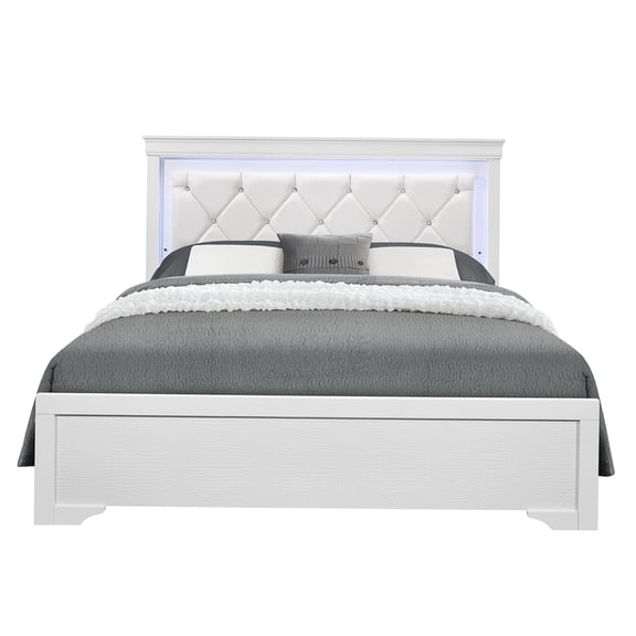 CHAMPFLAG King Size Upholstered Bed Frame with LED Light Headboard, Modern White Design