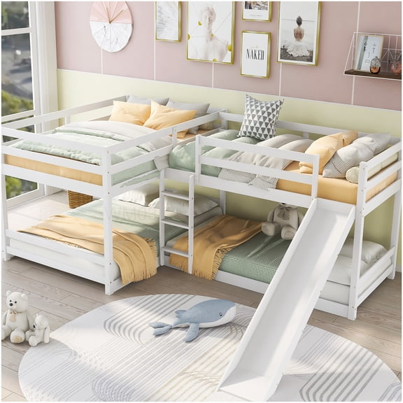 CHAMPFLAG L-Shaped Bunk Bed with Slide, Twin over Full Bed Frame with Ladder, Space Efficient Design, Solid Wood Construction, No Box Spring Needed