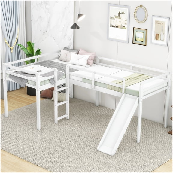CHAMPFLAG L-Shaped Twin Loft Bunk Bed with Slide, White Space Efficient Design for Compact Living Areas